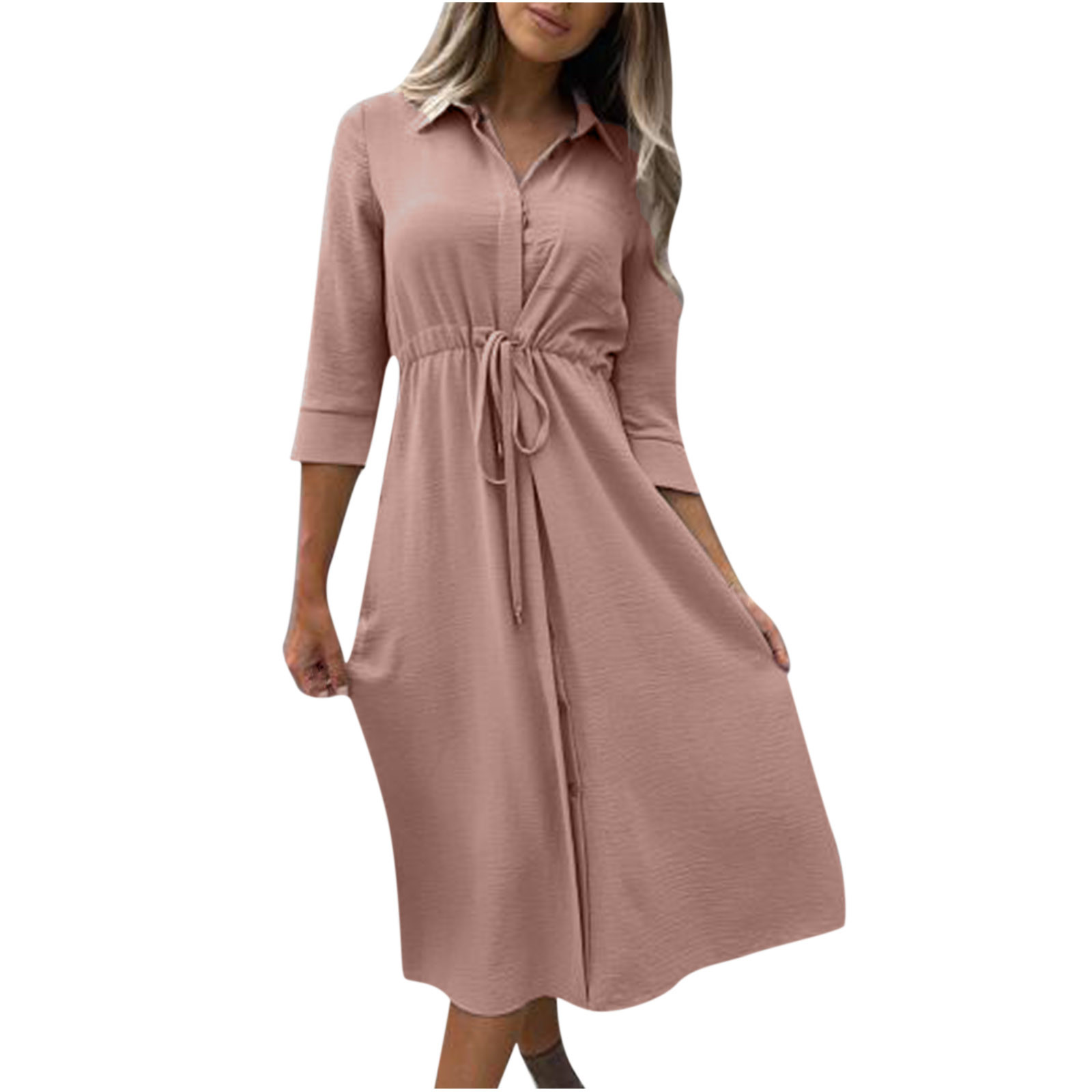 QUYUON A Line Dresses for Women Clearance 3/4 Sleeve Solid Drawstring Half Sleeve High Waist Round Neck Dresses Going out Dresses Women Midi Sun Dress Style D-17660 Pink L